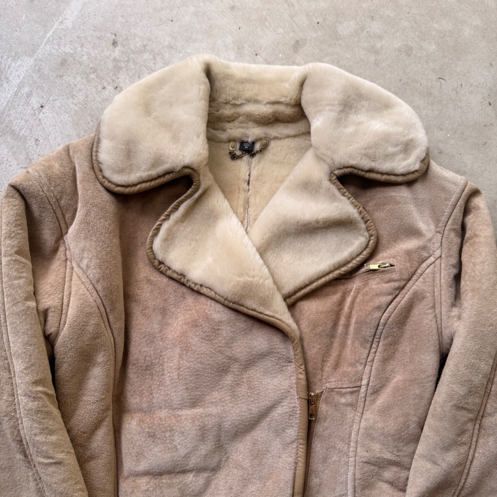Vintage Tan Faux Suede Shearling Aviator Jacket M Cream Fur Collar Zip Up Coat - Picture 2 of 7